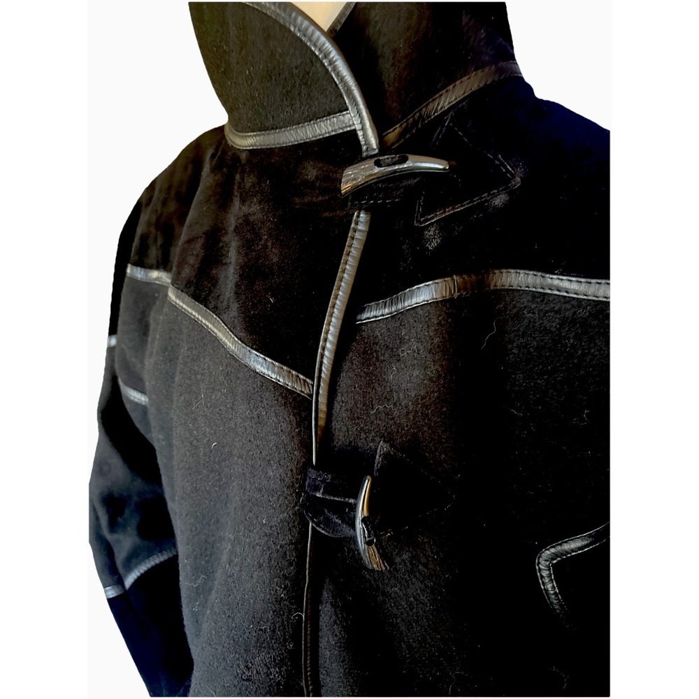 VTG Trendz 100% Leather Wool Black Overcoat Funnel High Collar Boho Lined S